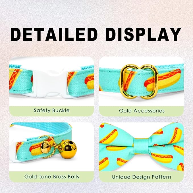 Hot Dog Cat Collar Bow Tie, Blue Cat Collar, Breakaway Safety Collars, Wedding/Birthday Cat Accessories, Adjustable Bowtie, Removable Jingle Bell