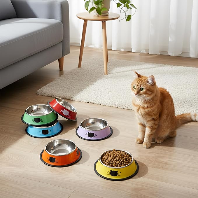 Amylove 6 Pcs Cat Bowls for Food and Water Cat Dishes Stainless Steel Pet Food Bowls 7 oz Anti Slip Metal Pet Dish with Removable Rubber Base Thick for Feeding Indoor Kitten Small Dog (Rainbow Color)