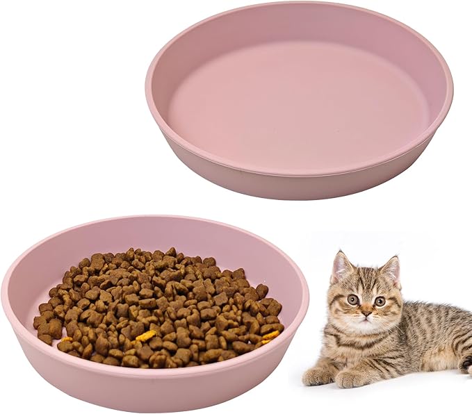 BNOSDM Silicone Cat Food Plate 2 Pack Shallow Dog Bowl Flat Puppy Feeding Dish for Small Dogs and Cats Whisker Fatigue Pet Plates for Dry and Wet Food (Light Pink)