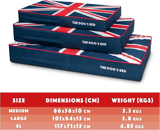 The Dog’s Bed Orthopedic Memory Foam Dog Bed for Large Dogs, Waterproof Washable Cover, Anti-Slip Base, Calming Surface – CertiPUR-Certified Foam, Blue & Red Trim UK Center Flag, 6 Inch Thick