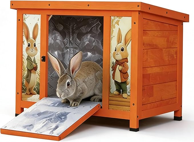Coziwow 25" Insulated Cat House Bunny Hutch for Outdoor & Indoor Use - Solid Wood Rabbit Cage with Winter Warm Liner, Lightweight Weatherproof Shelter for Cats, Rabbits, Small Animals (Orange)