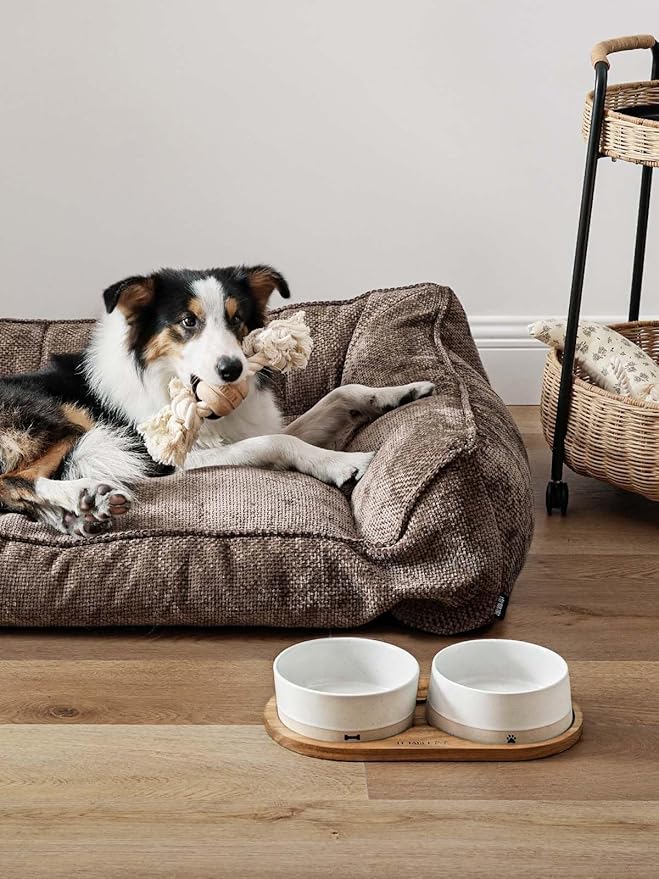 LE TAUCI PET Ceramic Dog Bowls for Medium and Small Dogs - 3.2 Cup Weighted Non-Slip Food and Water Bowls with Acacia Wood Tray, Pet Bowl Set of 2