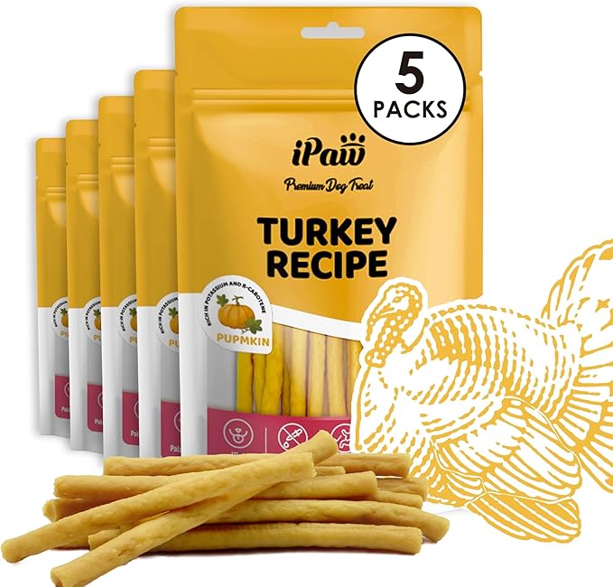 iPaw 5 Stock-Up Combo Turkey Dog Treats, All Natural Human Grade Dog Treat, Suitable for Training chew, Hypoallergenic, Rawhide Alternative, Thin Stick (Pumpkin)