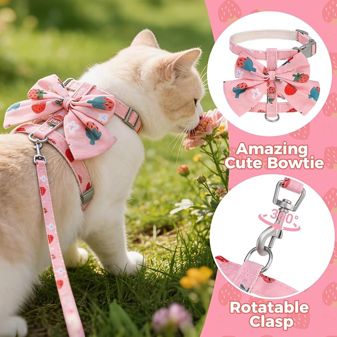 PAWCHIE Cat Harness and Leash Set Escape Proof with Bow Knot, Adjustable Kitten Vest Harness for Outdoor Indoor Use, Lightweight Soft Walking Travel Pet Harness for Medium Cats Boys Girls,Pink M