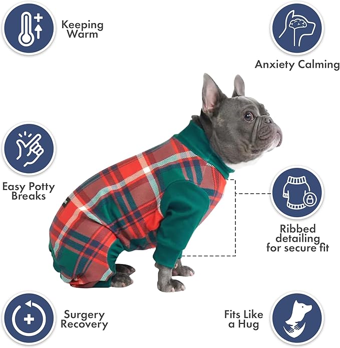 Spark Paws Dog Christmas Pajama, Dog Recovery Suit Male, Onesie, Ultra-Soft and 4-Way Stretch, for Small Medium and Large Breeds - Green and Red Plaid - 2XL