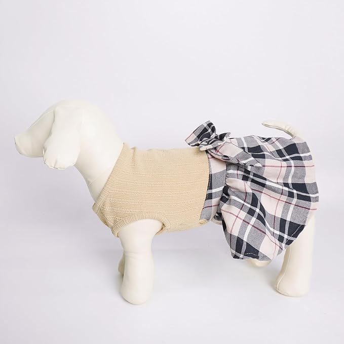 PUPTECK Classic Plaid Dog Dress Pet Apparel with Cute Bowtie Puppy Clothes Outfit,Cream,M