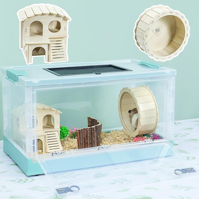 Hamsters Cage Large, Foldable Portable 360° Viewing Ventilated Cages with Villas, Exercise Wheels, for Hamsters, Rats, Dwarf Hamsters, Gerbils, Guinea Pigs (Blue, Large(22" L x 13" W x 12" H))