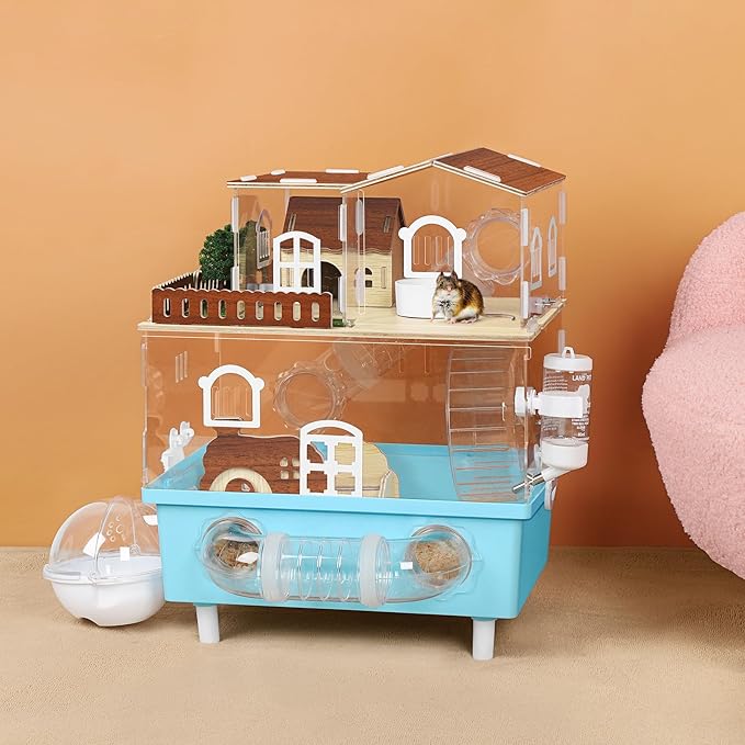 Large Hamster Cage 2 Tier Acrylic Hamster Habitat with Hideout & Running Wheel Blue Dwarf Hamster House for Dwarf Gerbils Syrian Hamsters, Blue, 13.3''L* 9.8''W* 17.4''H