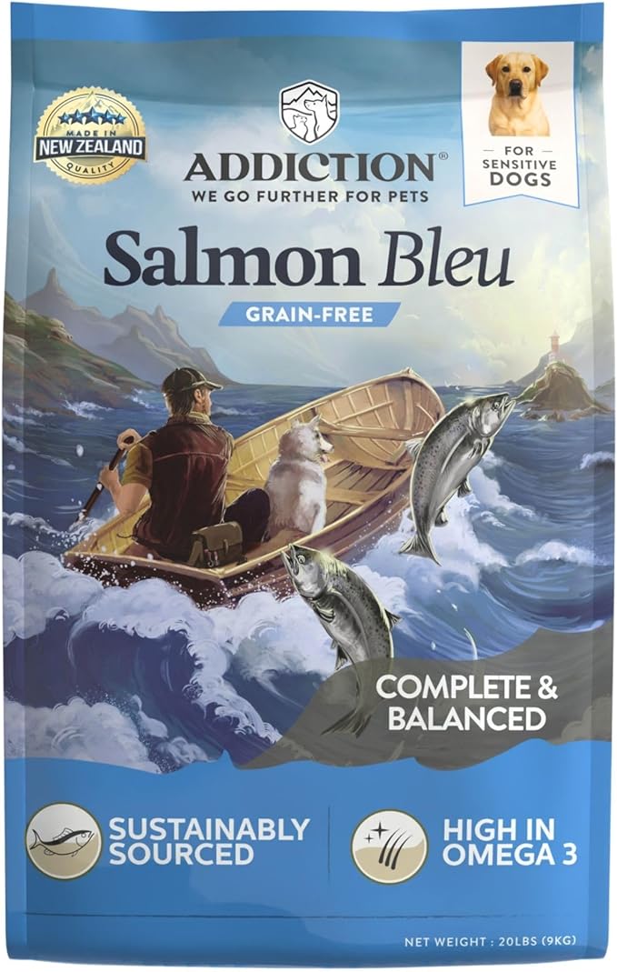 Addiction Salmon Bleu Grain-Free Dry Dog Food - Rich in Prebiotics to Support Skin, Coat & Cognitive Health - Salmon Recipe for All Dog Life Stages - Made in New Zealand 20 lb