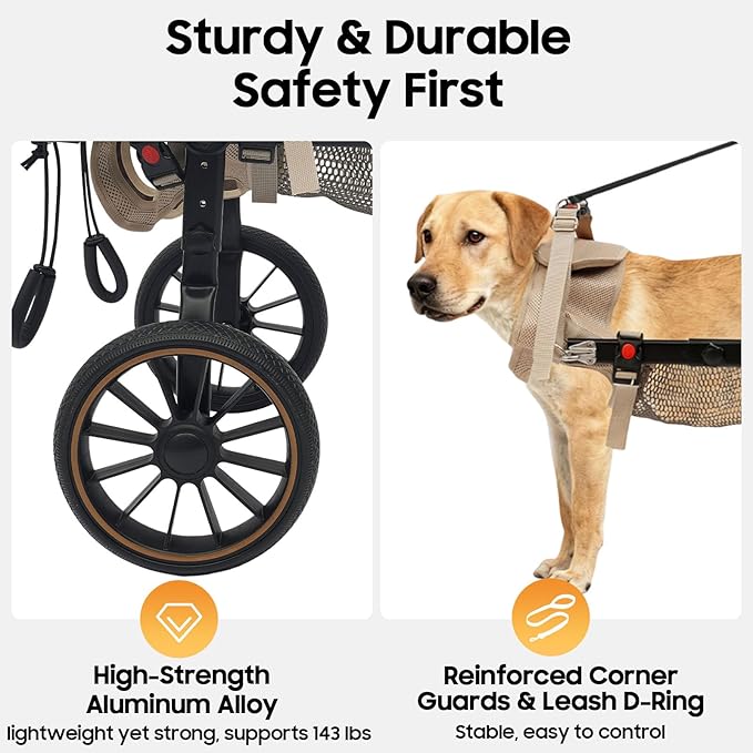 Adjustable Large Dog Wheelchair for Hind Legs | Rehabilitation Walking Aid with Harness & Large Wheels for Disabled & Senior Dogs, Up to 65kg/143lbs
