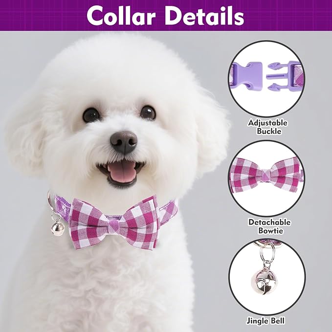 EXPAWLORER Cute Dog Harness Collar Leash Set - Purple Girl Dog Harness Checkered Step-in Design, Detachable Bow Pet Collar, Adjustable No-Choke Lightweight Mesh Vest for Cats Puppy Small Dogs, S