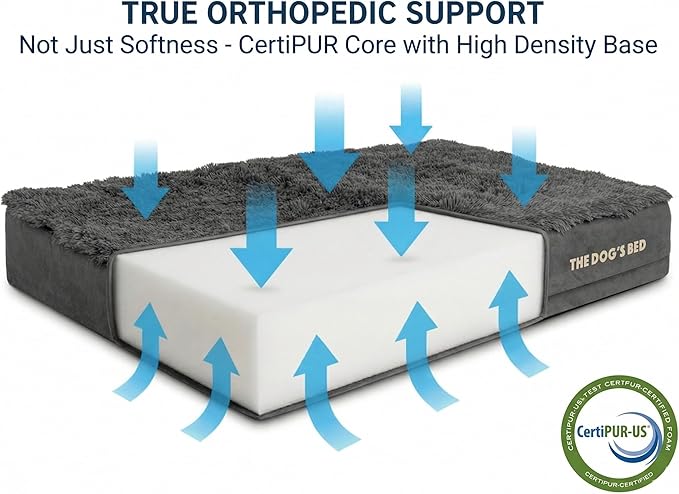 The Dog’s Bed Orthopedic Memory Foam Dog Bed for XL Dogs, Waterproof Washable Cover, Anti-Slip Base, Calming Surface – CertiPUR-Certified Foam, Grey Fur, 6 Inch Thick