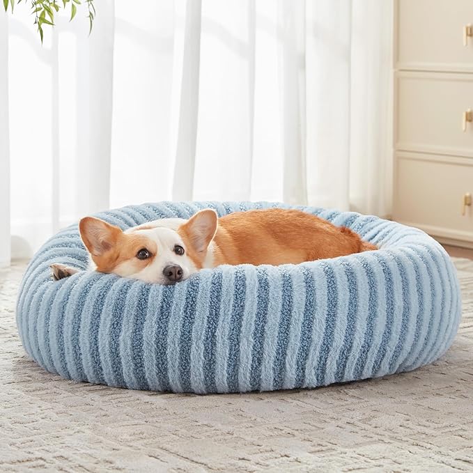 MIXJOY Dog Bed Medium Size Dogs, Washable Medium Dogs Bed with Removable Cover, Cozy Donut Dog Ded Fluffy Plush Faux Fur Pet Bed with Anti-Slip Bottom, 30"x30"x8", Blue