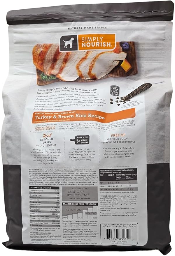 SIMPLY NOURISH Small Breed Adult Healthy Weight Turkey and Brown Rice Dry Dog Food, 5 Pound Bag