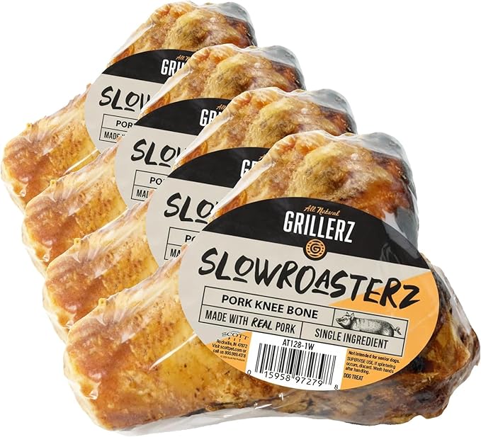 Scott Pet Grillerz Pork Knee Bone, 1 Count, Rawhide Free, All Natural Treat for All Breeds, High Protein, Long Lasting, Easy to Digest, for Adult Life Stage, Dog Chew for Healthy Teeth (Pack of 4)