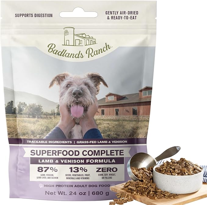BADLANDS RANCH by Katherine Heigl – Superfood Complete Air-Dried Lamb & Venison Dog Food – High Protein with Superfoods for Daily Wellness & Consistent Nutrition – 24 oz