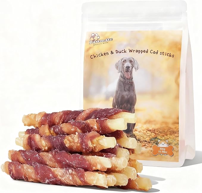 Triple Flavor Dog Treats, Chicken Duck Wrapped Cod Sticks, Rawhide-Free Grain-Free Soft Chewy Treats Natural Ingredients, Training Snacks for Small Medium Large Dogs, 15-17 Counts, 10.6 oz