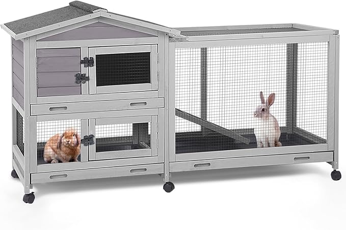 Aivituvin Rabbit Hutch Indoor 2 Story Bunny Cage Outdoor Guinea Pig Cage with Caster Wheels Chicken Coop with Run, 3 Pull Out Tray