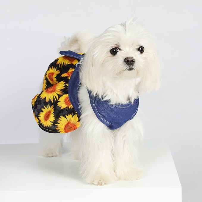 Fitwarm Sunflower Denim Dog Dress, Dog Clothes for Small Dogs Girl, Pet Cat Outfit, Blue, Black, Yellow, Red, XS