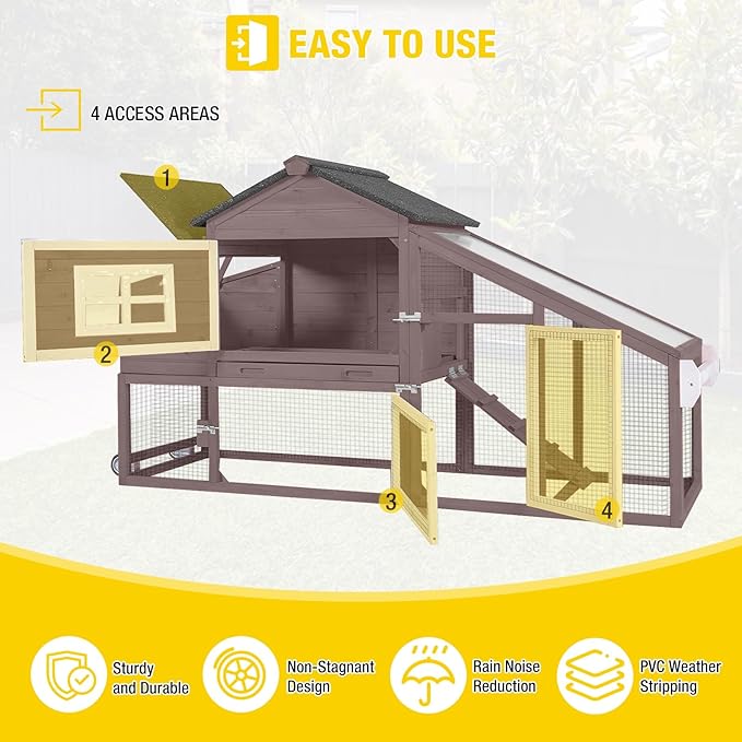 Aivituvin Chicken Coop with Run and Wheels, Mobile Outdoor Hen House Wooden Poultry Cage with Waterproof Roof (Brown, AIR23)
