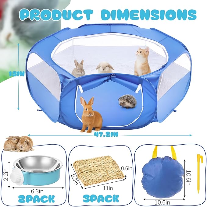 Small Animal Playpen & Grooming Kit, Portable Foldable Pet Playpen with Mesh Top for Rabbits, Guinea Pigs, Hamsters, Hedgehogs, Includes Feeding Bowls, Grooming Tools, and Bedding Mat, Blue