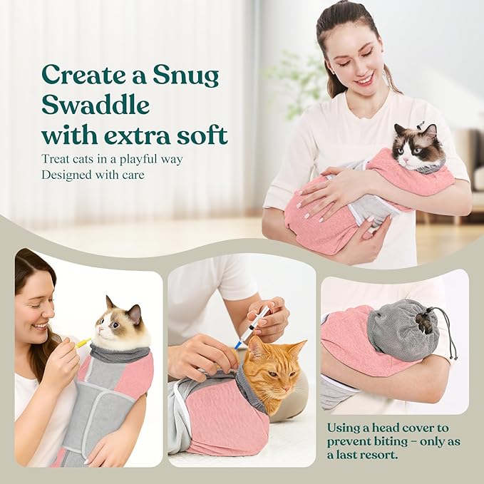 Supet Cat Grooming Wrap for Cutting Nails, Self-Adhesive Anti-Scratch Swaddle with Bite-Proof Mesh Hood & Thick Waist Strap Anti-Escape Bag for Nail Trimming, Medication, Ear Cleaning (Pink S)