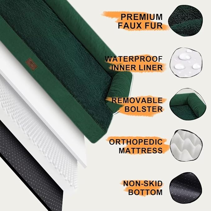 Orthopedic Large Dog Bed Washable, Orthopedic Emerald Dog Beds with Egg Foam Support, Removable, Machine Washable Plush Cover and Non-Slip Bottom for Extra Large Dogs