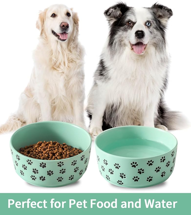 UBEE 6.5 inch Dog Bowls Set of 2, Ceramic Dog Food Water Bowl Dish with Paw Pattern, Pet Food Water Dishes Feeding for Small and Meidum Dogs and Large Cat, Green