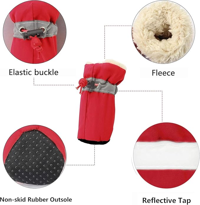 YAODHAOD Dog Shoes for Winter, Dog Boots & Paw Protectors, Fleece Warm Snow Booties for Puppy with Reflective Strip Anti-Slip Rubber Sole for Small Medium Size Dogs,Size 5: 1.9"x1.5" (L*W),Red