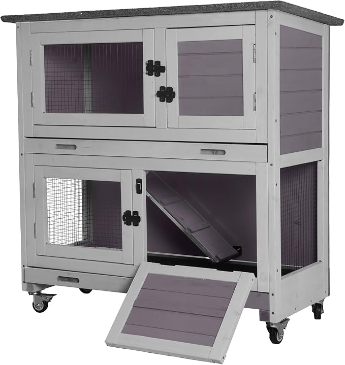 GUTINNEEN Rabbit Hutch Indoor Mobile Outdoor Bunny Cage with Openable Middle Door, Two Story Guinea Pig Cage with Wheels, 36" L x 17.7" W x 36.4" H Grey