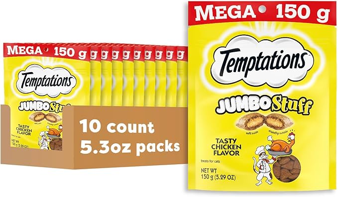 Temptations Jumbo Stuffed Cat Treats, Crunchy and Soft Cat Treats, Tasty Chicken Flavor, 5.3 oz. Pouch (Pack of 10)