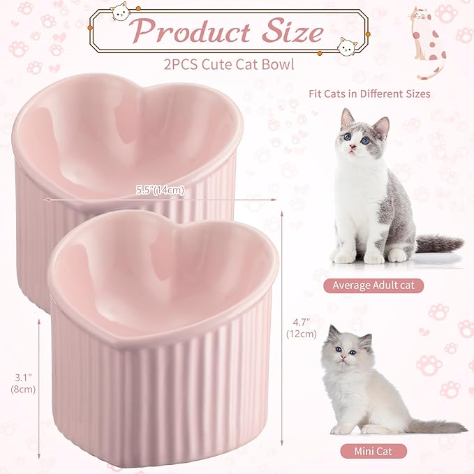 Mumufy 2 Pcs Ceramic Elevated Cat Bowls Tilted Elevated Raised Pet Bowls Anti Vomit Cat Dish for Indoor Stress Free Water Dish Feeder for Puppies, Heart Shaped(Pink)
