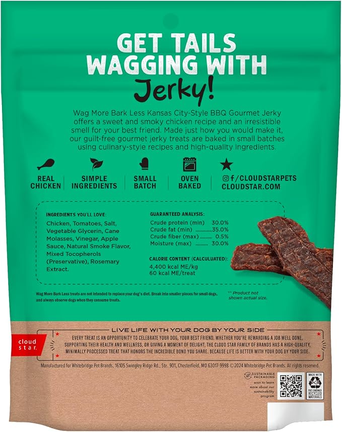 Cloud Star Wag More Bark Less Jerky Grain Free Dog Treats, Kansas City BBQ Chicken, 10 oz. Pouch