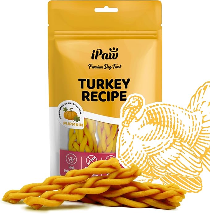 iPaw Turkey Dog Treats, All Natural Human Grade Dog Treat, Suitable for Training chew, Hypoallergenic, Rawhide Alternative, Braided Stick (Pumpkin)