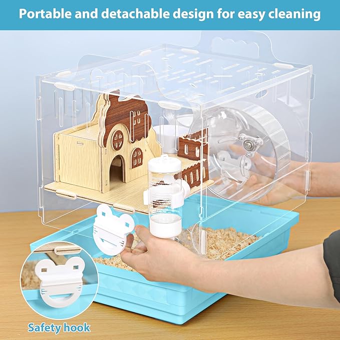 Hamster Cage Acrylic Hamster Habitats 360°Panoramic View Small Animal Cage for Rat Mice Dwarf Hamster, Gerbils, 13.3" L x 10.2" W x 12.4" H Hamster House with Water Bottle, Wheel, Hideout, Platform