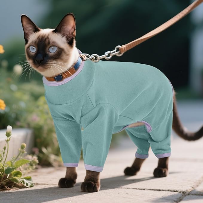 DENTRUN Cat Clothes for Hair Control with Hair Sticky Fabric - Soft Recovery Suit & Breathable Lint-Resistant Cat Sweater for Cats Only, Kitten Onesie Pajamas, XS, Bean Green
