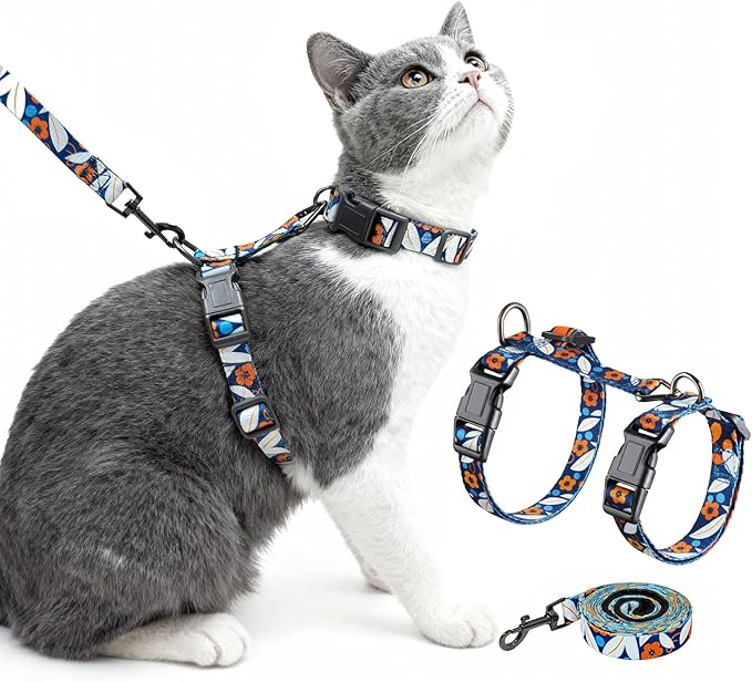 Halypet Cat Harness and Leash Set, Escape Proof 3-in-1 Adjustable Harness for Cats & Kitten, Soft Lightweight, Easy On & Control for Walking, Travel & Outdoor Use, Navy Floral, Small