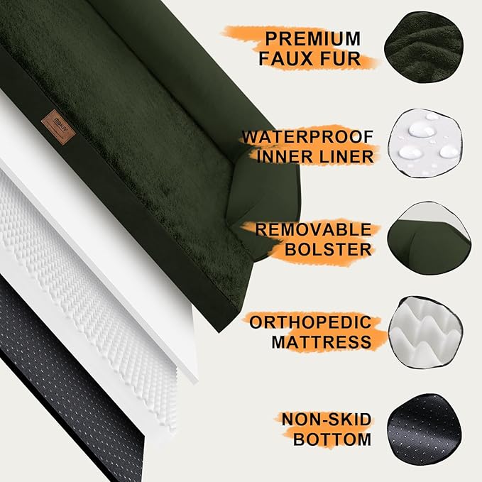 Dog Bed Large Sized Dogs - Orthopedic Waterproof Bed for Dogs, Large Dog Beds with Washable Removable Cover & Non-Slip Bottom - Outpost Olive