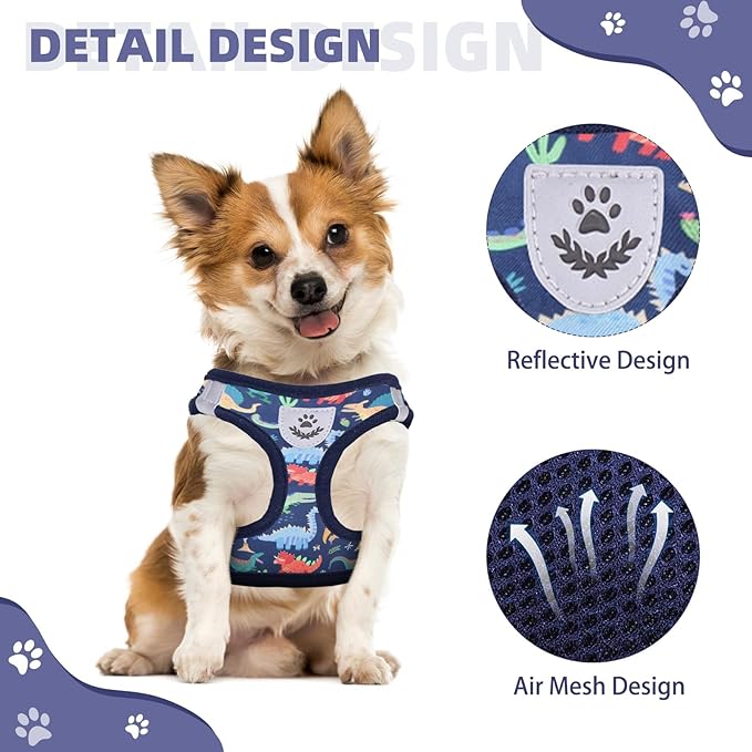 KOOLTAIL Dog Harness and Leash Set for Small Medium Dogs, Step in No Pull Soft Mesh Dog Harness Comfort Padded Pet Vest, Adjustable Reflective Easy Walking Puppy Cats Harnesses Training, Dinosaur M