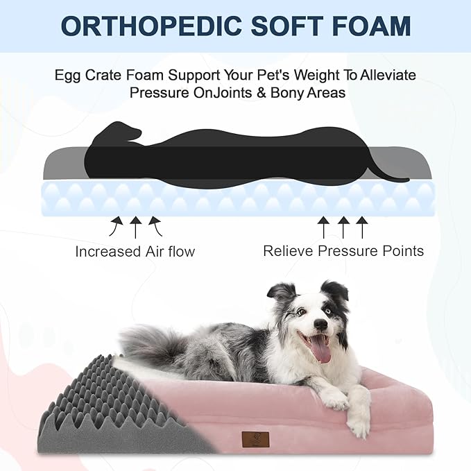 Jumbo Dog Bed for Extra Large Dogs, Washable Orthopedic Dog Bed with 4-Sides Removable Bolster, Waterproof Non-Slip Egg-Crate Foam Pet Couch Sofa, Pink