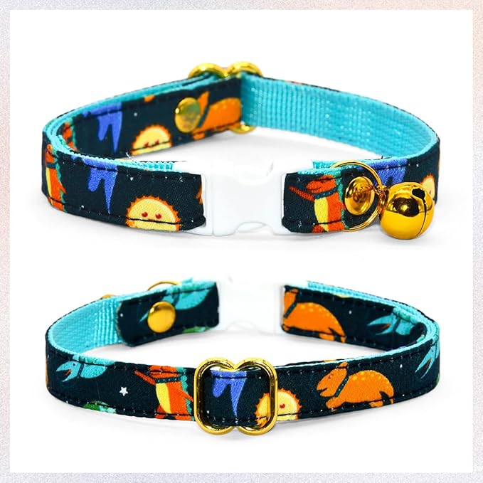 Space Dinosaur Cat Collar Bow Tie with Bell, Breakaway Safety Collar, Wedding/Birthday Cat Accessories