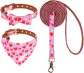EXPAWLORER Small Collar and Leash Set - Embroidery Pawprints with Bow Tie and Bandana Collar with Bell, Soft Tangle Free Leash for Dogs Cats Outdoor Walking, Holiday Ideal Gift Pink Strawberry S