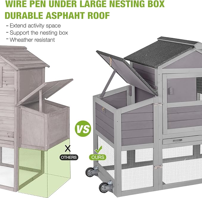 GUTINNEEN Mobile Chicken Coop with Wheels for 2-4 Chickens, Expandable Wooden Hen House with Divided Nesting Box, Reinforced Coop Balcony, Roosting Perch, Metal Pull-Out Tray, 82.4" L (Brown)