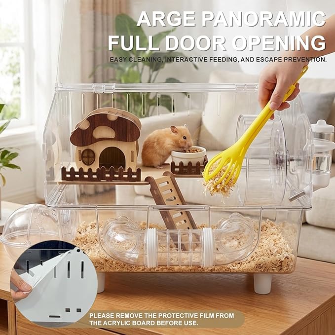 Loungewave Acrylic Hamster Cage, 8 in 1 Gerbil Cage with Accessories, Dwarf Hamster Cage with Full Transparent Viewing, Clear View Inside Easy to Clean, Excellent Ventilation, Mushroom House Style