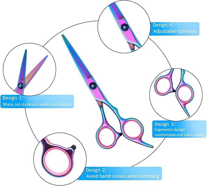 Professional Barber Scissors Kit - Colorful Pet Trimming Scissors, 7 inch Stainless Steel Shears for Grooming and Hair Cutting