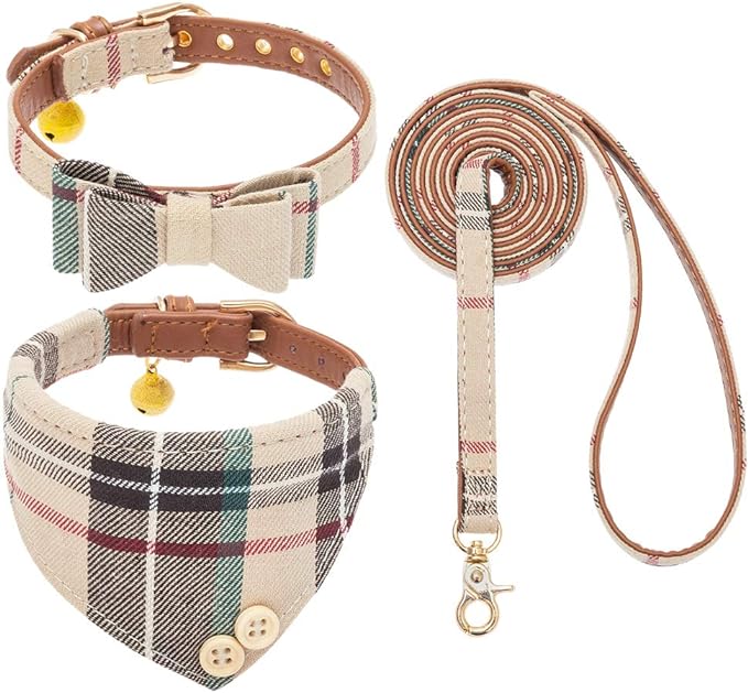 EXPAWLORER Dog Collar and Leash Set - Classic Plaid Dog Bow Tie and Dog Bandana Collar with Bell, Dog Leash Tangle Free, Adjustable Collars for Small Medium Large Dogs Cats, Holiday Ideal Gift, XS