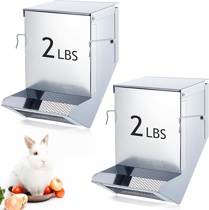 Maxcheck 2 Pcs Rabbit Feeder for Cages Small Animal Food Pellet Dispenser with Lid Metal Chicken Grit Oyster Shell Squirrel Feeders Outside(4.7 Inches,Mesh Bottom,Silver)