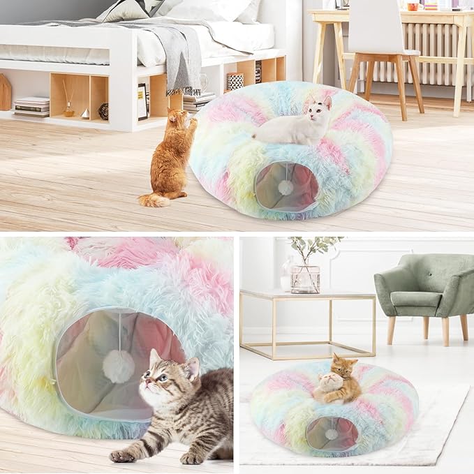 Christmas Tree Cat Tunnel for Indoor Cats, Collapsible Cat Donut Tunnel with Central Mat, Fluffy Cats Cave Tube with Hanging Ball for Kitten Rabbit Puppy Ferret (Color)