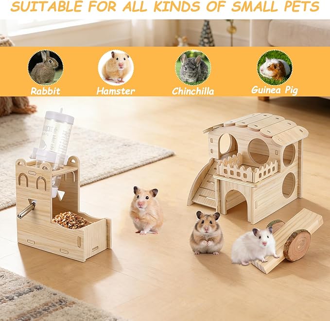 Hamster Toys Complete Set - Noiseless Silent Exercise Wheel, Maze Wood House, Stand, Chew Toys & Water Bottle Cage Accessories for Hamster, Rat, Mice Small Animal Habitat