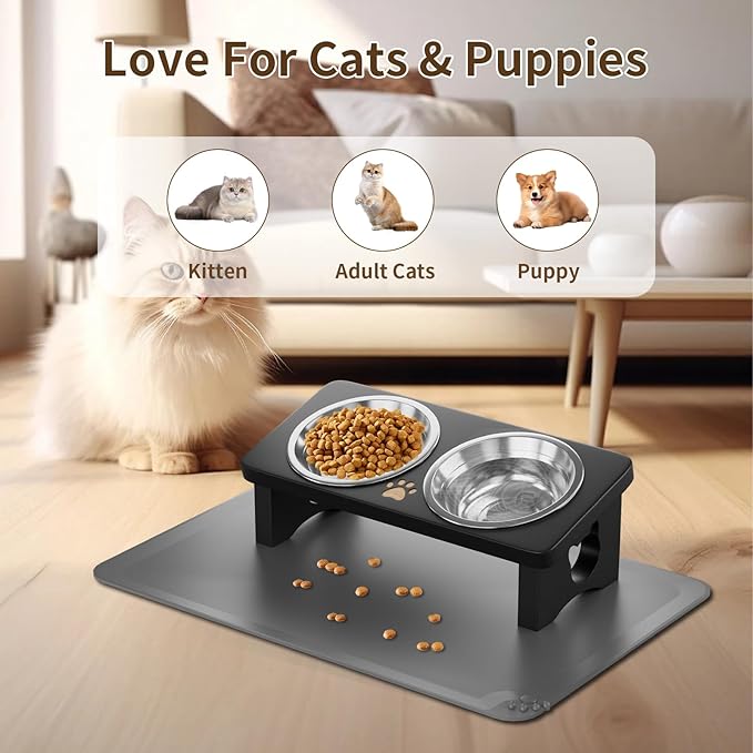 Elevated Cat Bowls with Silicone Mat, 15° Tilted Solid Wood Stand, Raised Stainless Steel Food & Water Dishes for Cats and Small Dogs, Anti-Vomiting Design(Black)